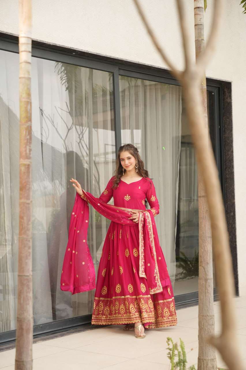 Women’s Ethnic Anarkali Style Floor-Length Gown in Magenta with Golden Zari Embroidery – Festive & Wedding Wear - Image 9