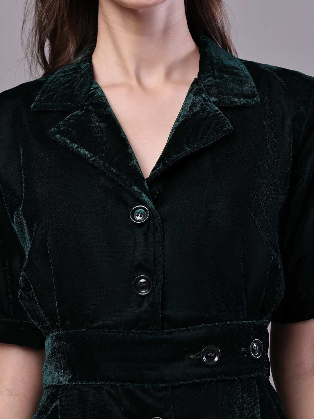 Women's Black Velvet Solid Printed Shirt Midi Dress with Belt - Image 5
